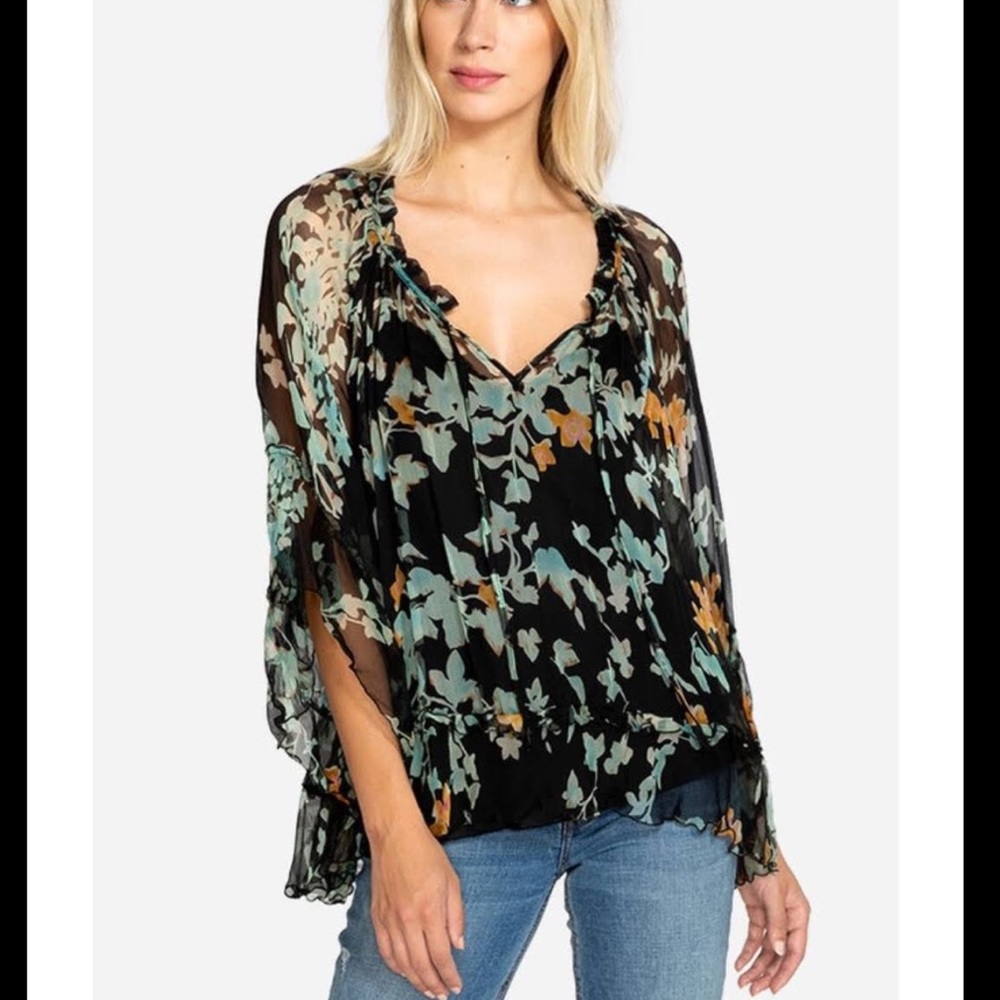 JOHNNY WAS Lindsay Flowy Floral Shear Silk Top Black Teal NWT - Picture 6 of 16